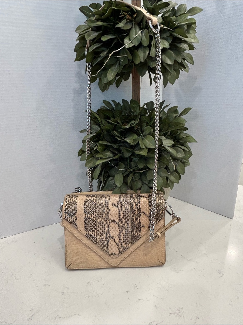 Vince Camuto Beige Snake-Effect Crossbody with Silver Chain
